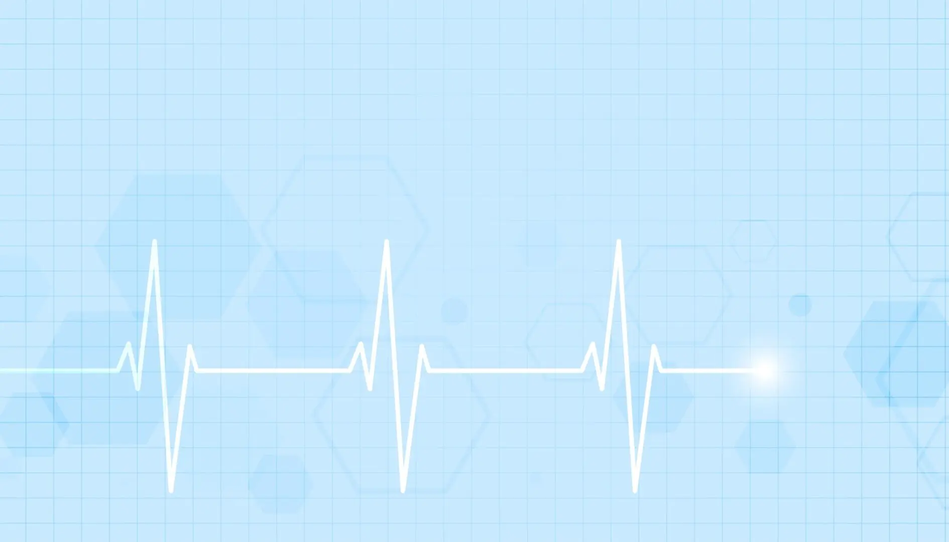 Heartbeat line on blue hexagonal background.