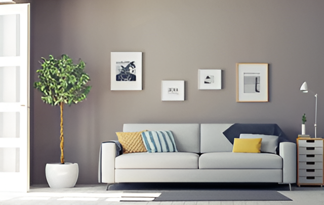 Modern living room with sofa and decor.