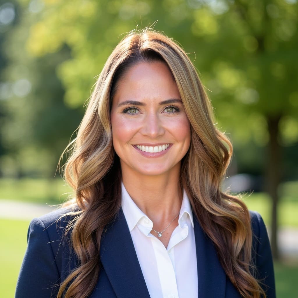 Smiling woman in outdoor setting, professional attire.