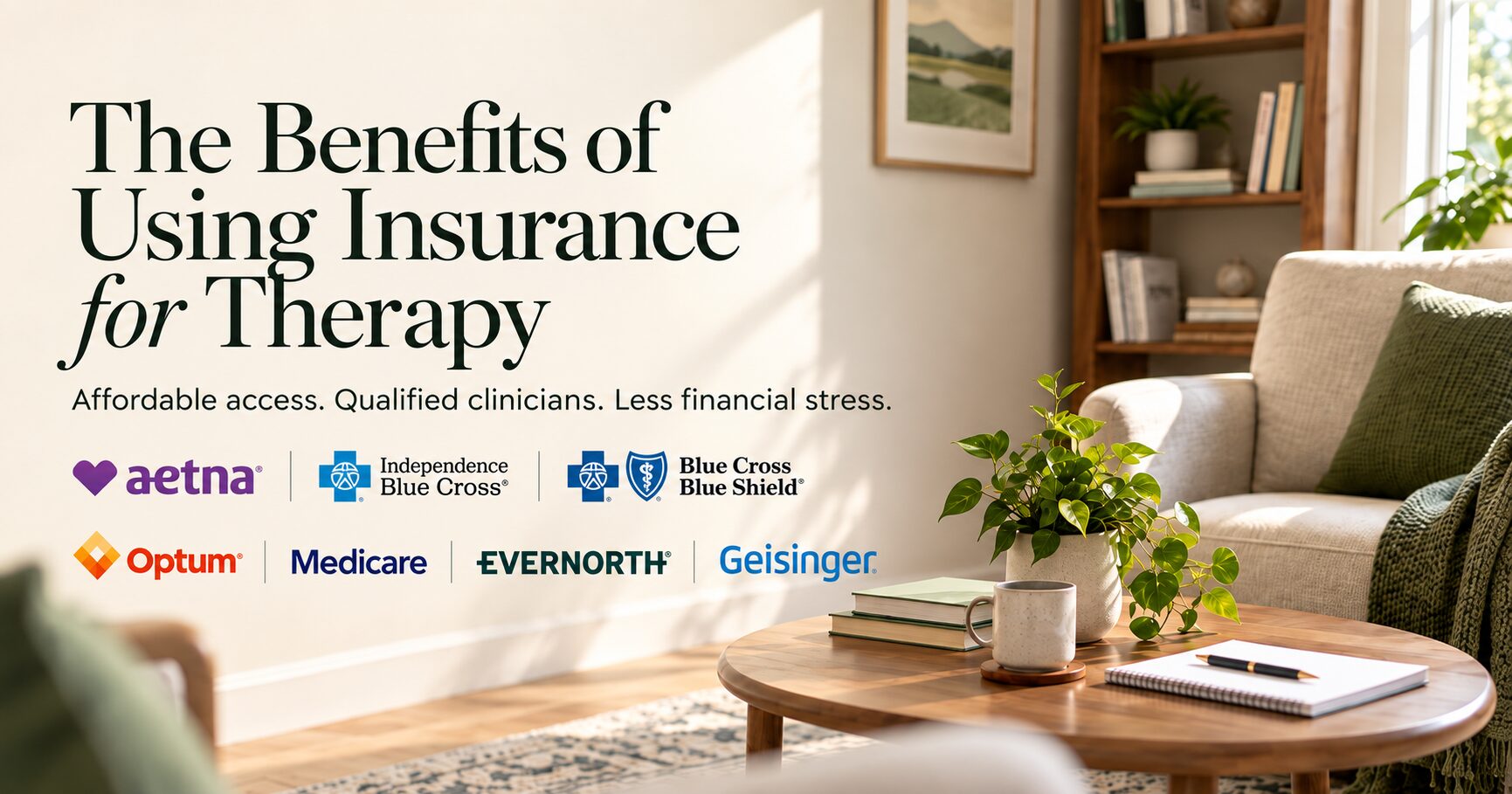 The Benefits of Using Insurance for Therapy with Aetna, Independence Blue Cross, Blue Cross Blue Shield, Optum, Medicare, Evernorth, and Geisinger