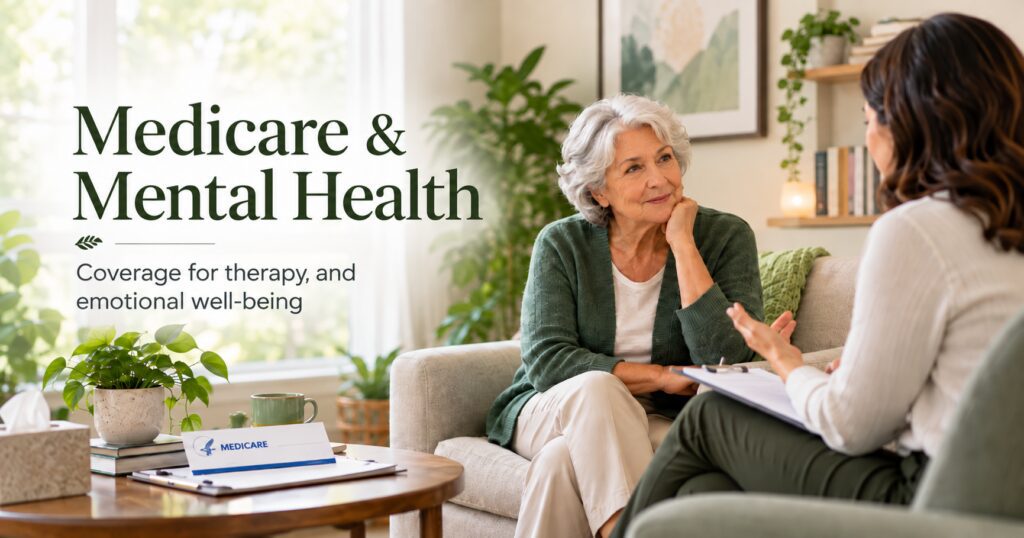 Older adult speaking with a therapist about mental health care and Medicare coverage.