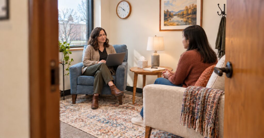 A therapist takes notes on a laptop during a first therapy appointment intake session