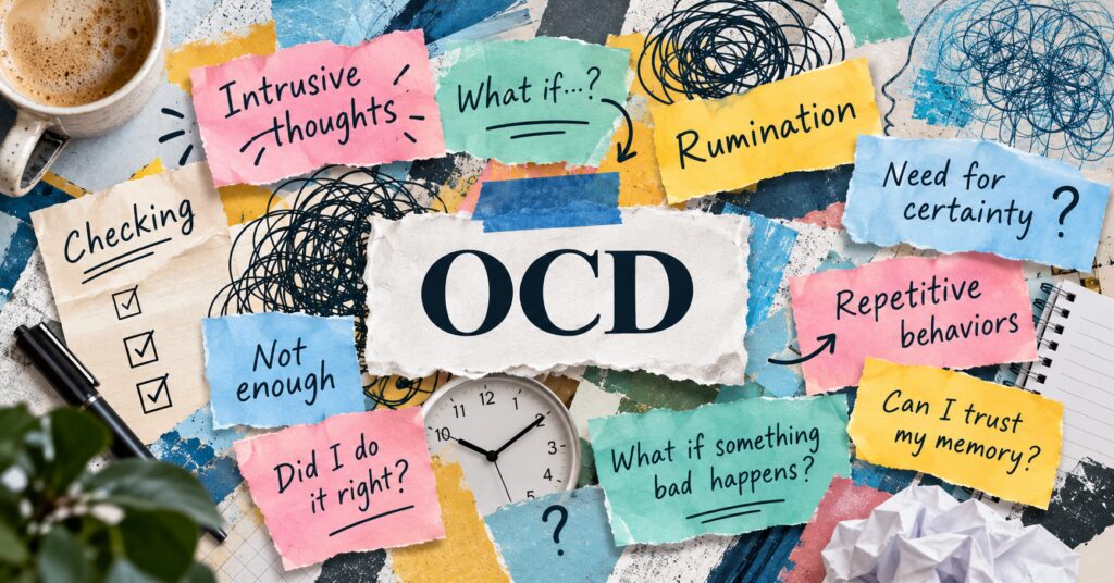 Collage of notes around the word OCD showing intrusive thoughts, checking, rumination, and repetitive behaviors