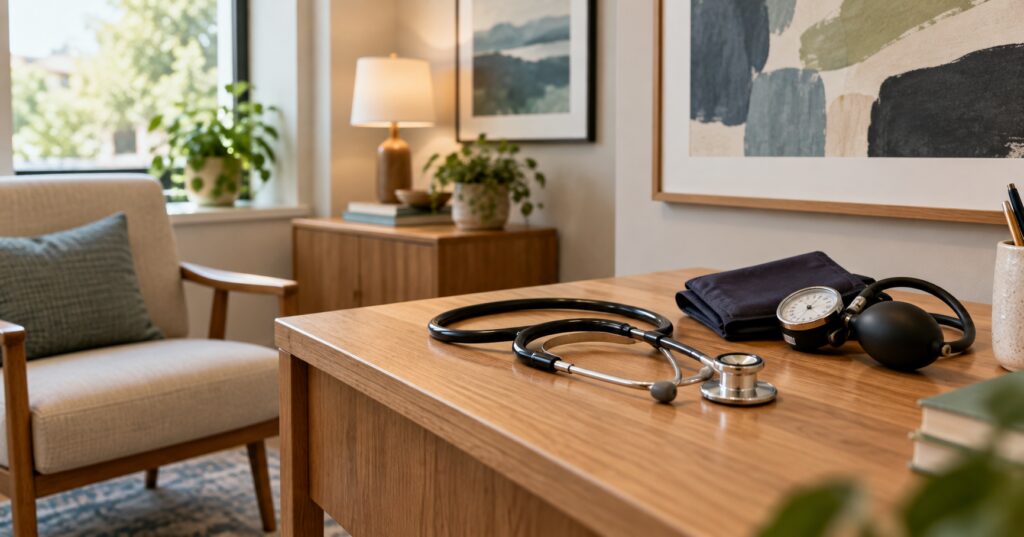 Alt text: Stethoscope and blood pressure cuff in a mental health consultation office
